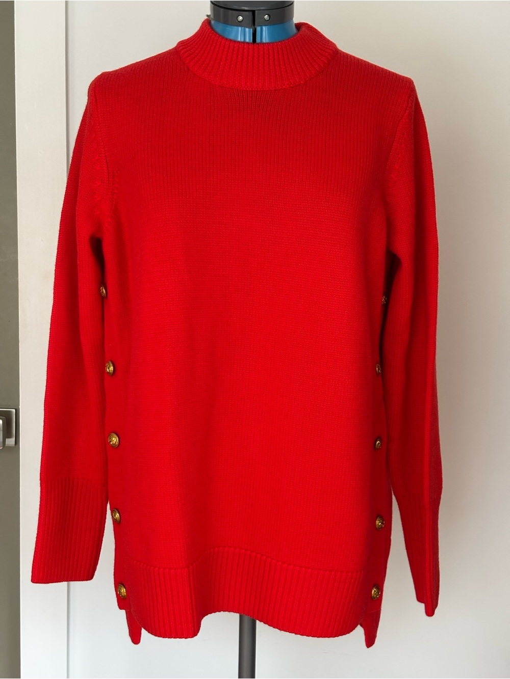 Tuckernuck Bexley Poppy Red 100% Wool Gold Button Sweater S NWT